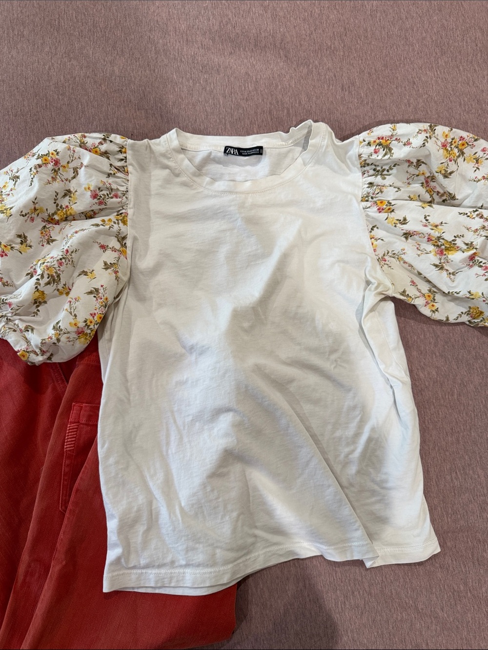 ZARA White Tee with Floral Puff Sleeves